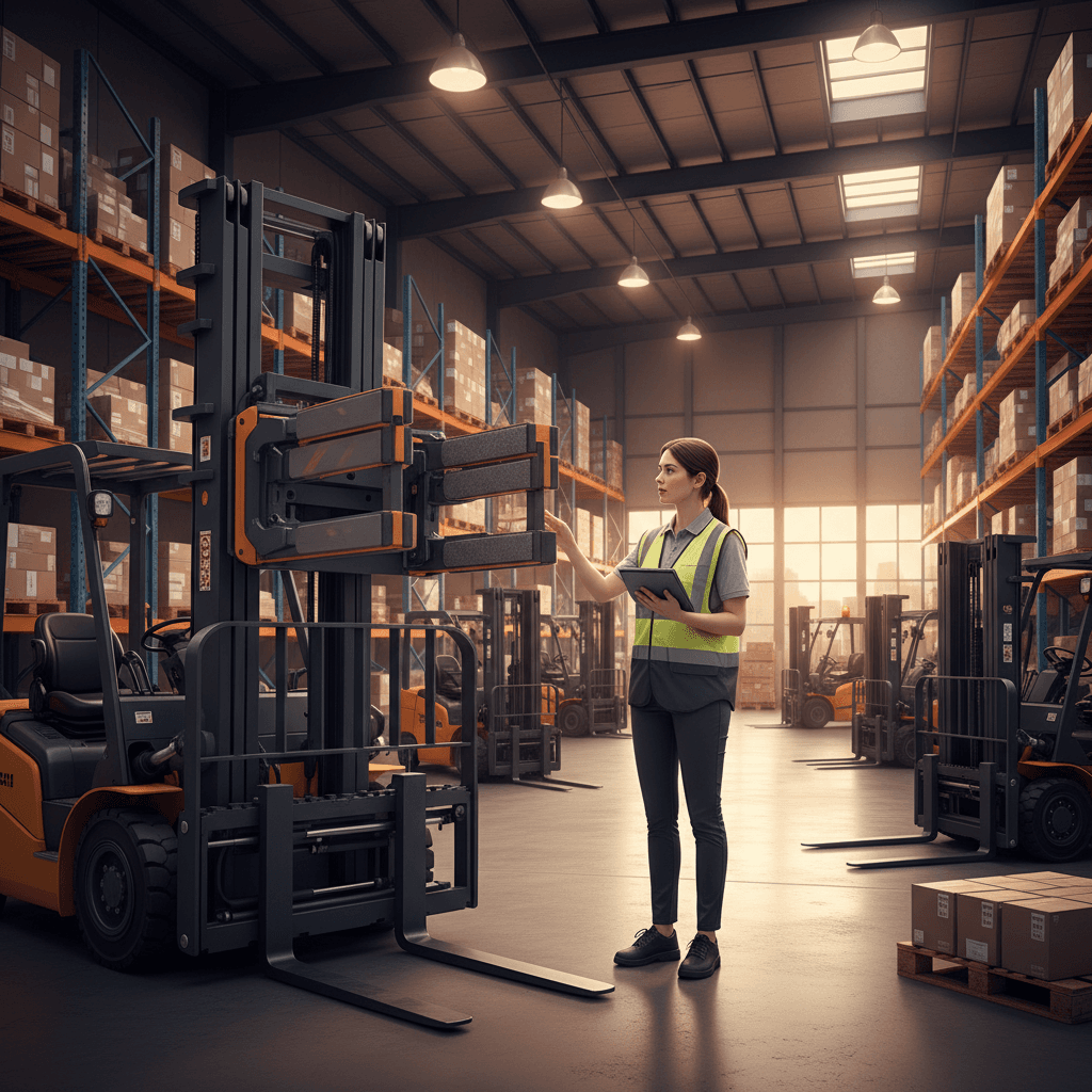 Warehouse operator selecting a carton clamp attachment