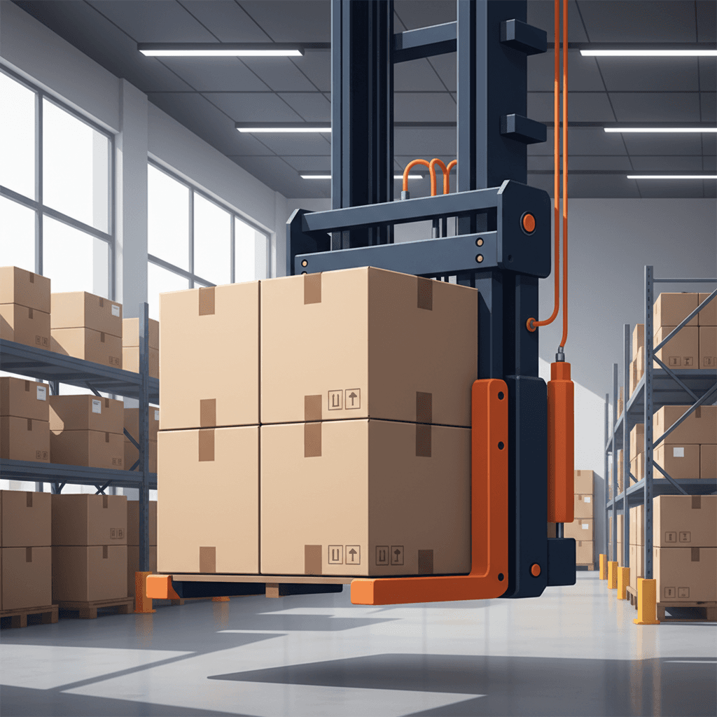 Carton clamp forklift attachment handling boxes in a warehouse